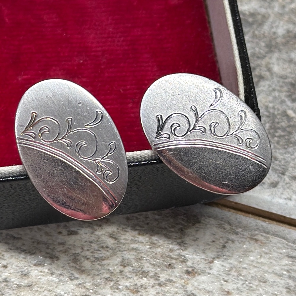 Vintage Sterling Silver Oval Etched Scroll Cufflinks Mens Mid Century